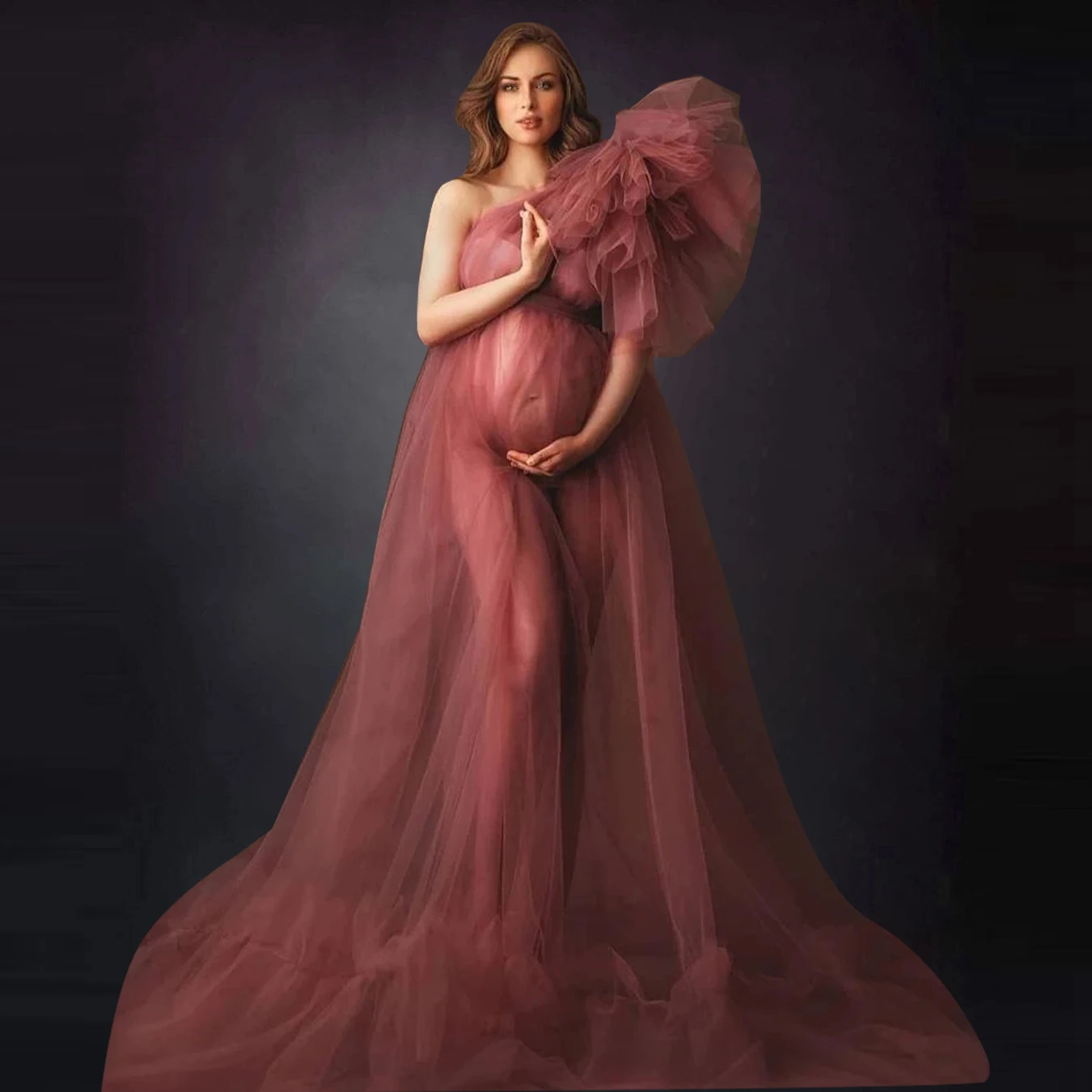 Elegant One Shoulder Tulle Maternity Dresses See Through Sexy Women Tulle Maternity Dressing Gowns For Photography
