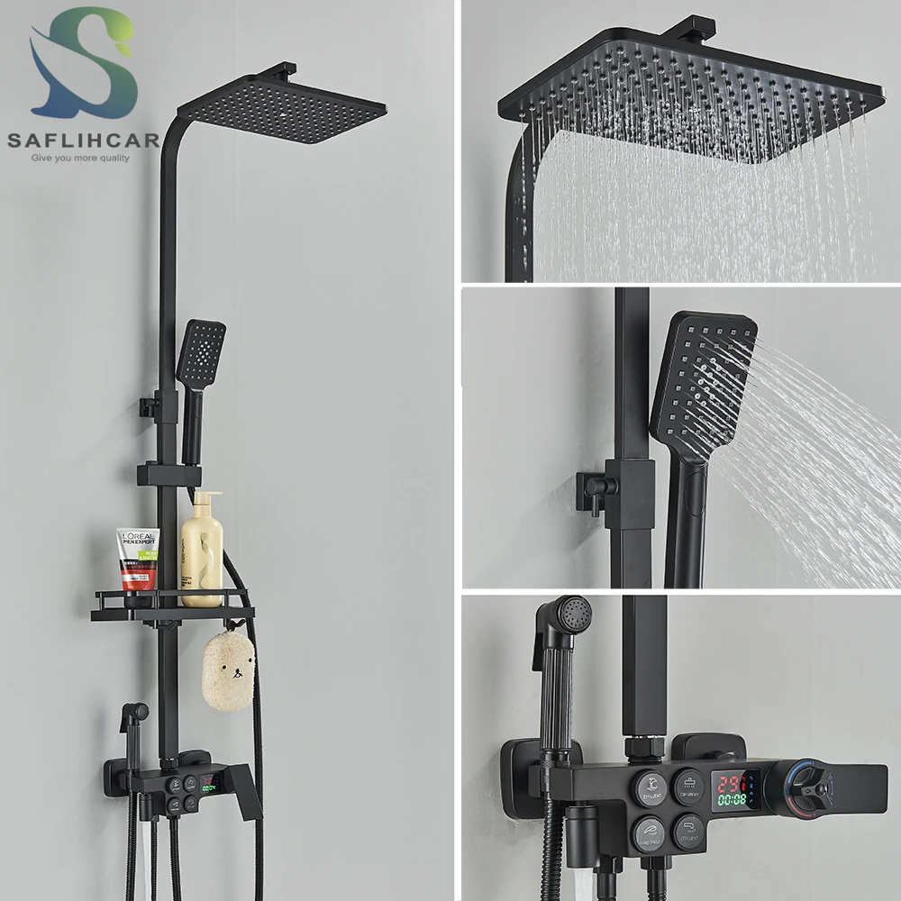 Черный Термостатический смеситель для душа большой кран Водопад ванны с полкой