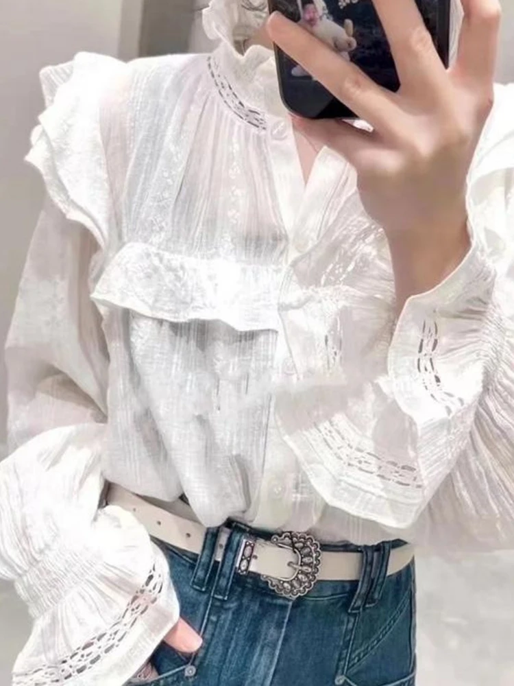 

2022 Spring and Summer New Fungus Lace Stand-up Collar Ruffled Long-sleeved Tops Women Shirts and Mini Skirts