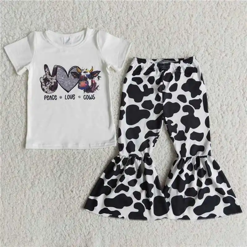 

Baby Girl Clothes Print White Short Sleeve Top Black Leopard Bell Pants Set Fall Outfits RTS Children Clothing
