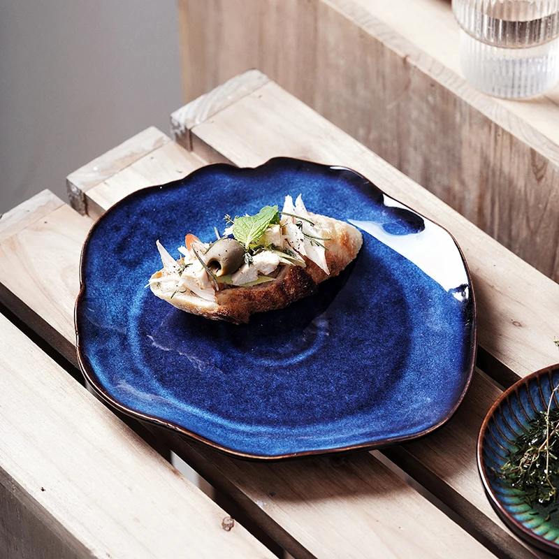 

Nordic Ceramic Plate Irregular Plate Steak Plate Western Plate European Blue Glaze Main Dish Fruit Plate Kitchen Supplies