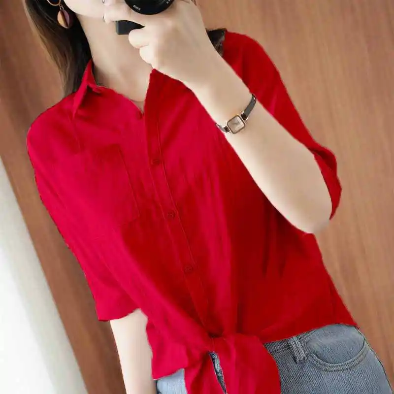 

Women's Clothing Commute Solid Color Shirt Summer Korean Loose Stylish Bandage Polo-Neck Casual Single-breasted Pockets Blouse