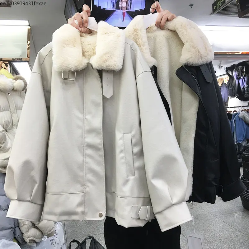 Pu Leather Motorcycle Clothes Womens Loose Korean Zipper Winter Coat Lamb Cashmere Cotton Jacket Pocket Loose Waist Top Girl