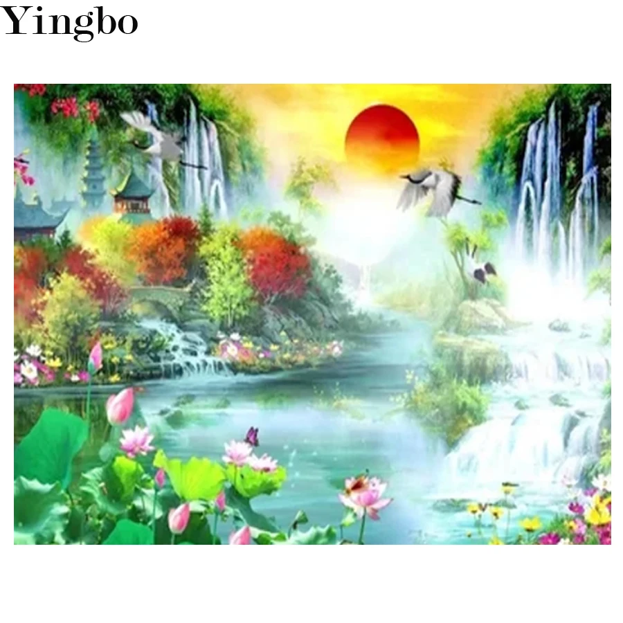 

Алмазная 5D картина «сделай сам» Восход пейзажа хижины водопад Набор для вышивки крестиком Мозаика полная Алмазная вышивка домашний декор н...