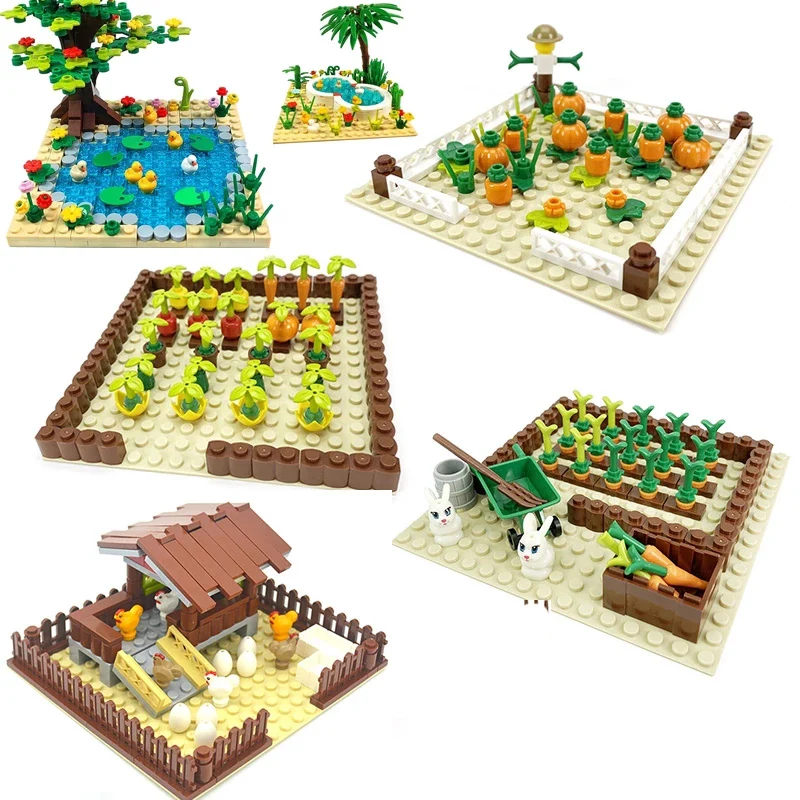 

Farm Animals Trees Plants Building Blocks MOC Chicken Coop Vegetable Field Pumpkin Pineapple Corn Swimming Pool For Kids Gift