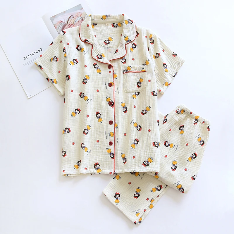 

Pure Cotton Crepe Women's Loungewear Summer Long Pants Short Sleeve Pajamas Set Girls Cute Cartoon Two-piece Home Service Ladies