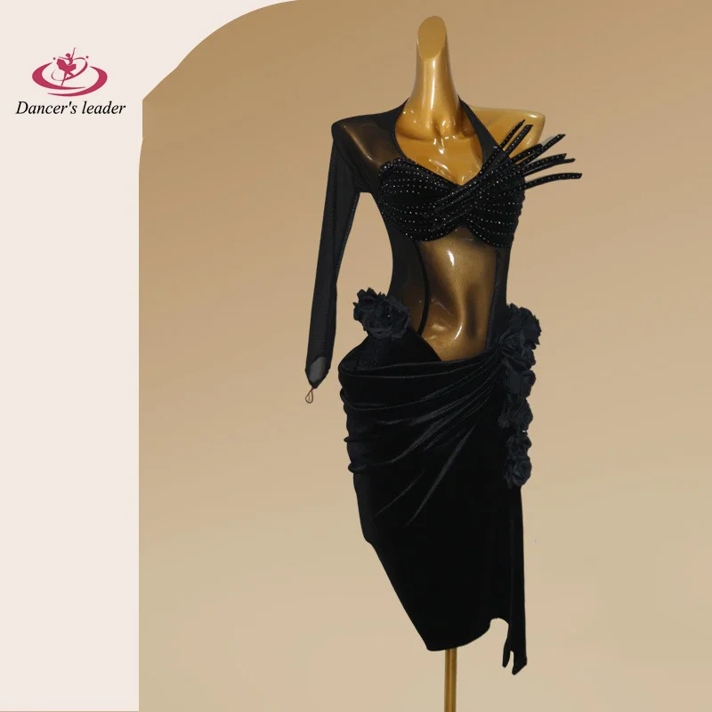 Женское платье для латиноамериканских танцев черная бархатная сетчатая юбка