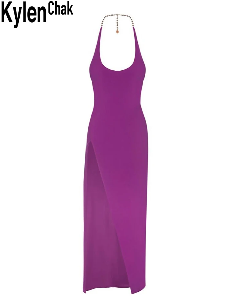 

Purple Midi Slip Dress Sexy Slit Slim Fit Backless Beaded Chain Halter Strap Dresses Women's Spring 2022 Holidays Streetwear
