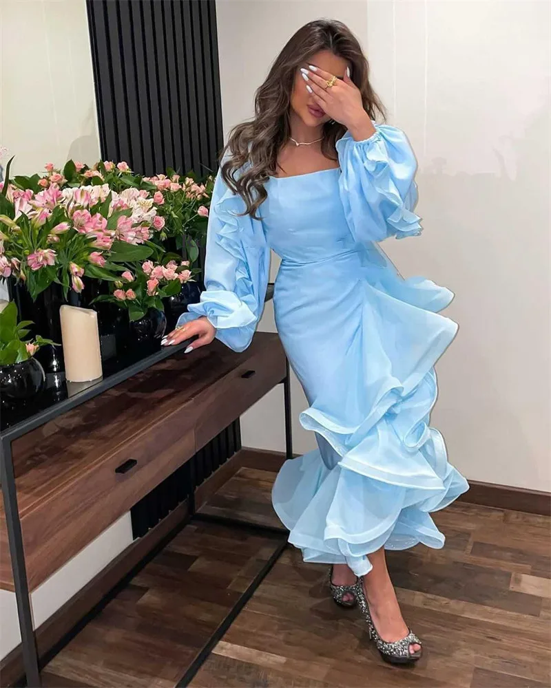 

Aso Ebi Dresses Mermaid Prom Party Formal Gowns Long Sleeves Square Neck Robe De Soiree Ruffles Women Wear for Cocktail