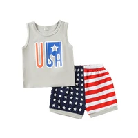 independence day boy two piece set round neck sleeveless lettering pattern tank tops vest elastic stripe star shorts