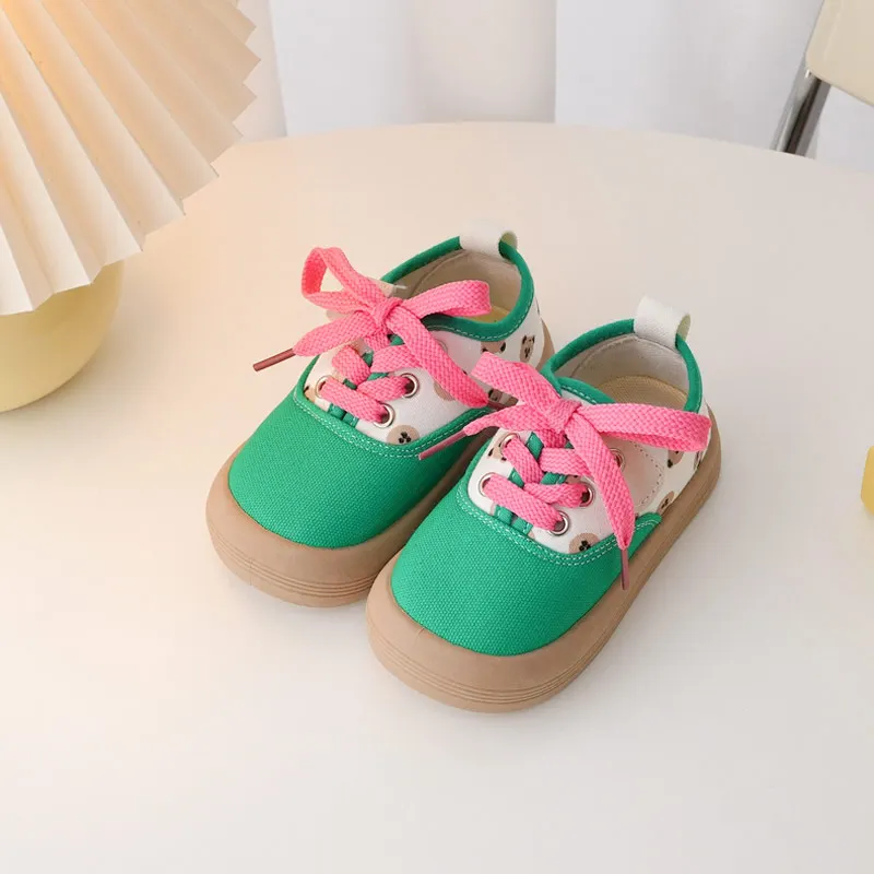 

Children Canvas Shoes Girl's Patchwork Cute Bear Low Top Canvas Shoes Boy's Soft Sole Infant Shoes Size 21-30