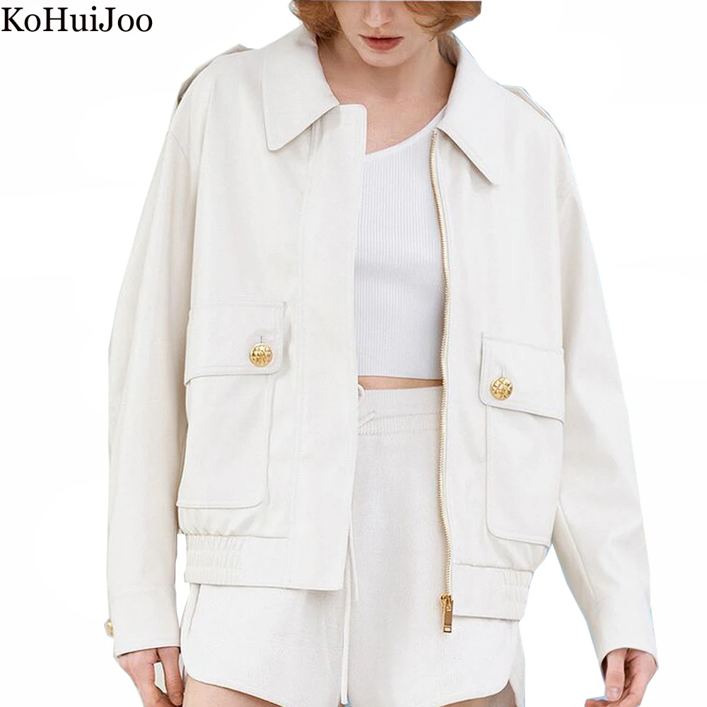 

KoHuiJoo Beige Leather Woman Coat 2022 Spring Autumn Turn-down Collar Casual Zipper Faux Leather Fashion Epaulet Jacket Black