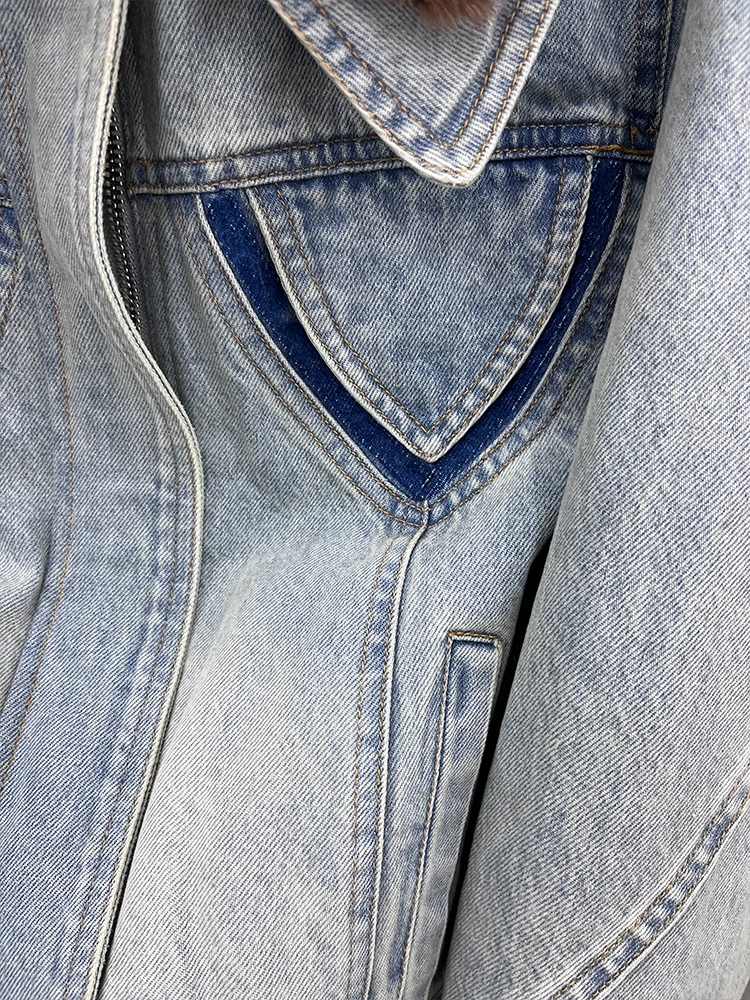 Зимние женские джинсовые пальто с воротником из натурального норкового меха