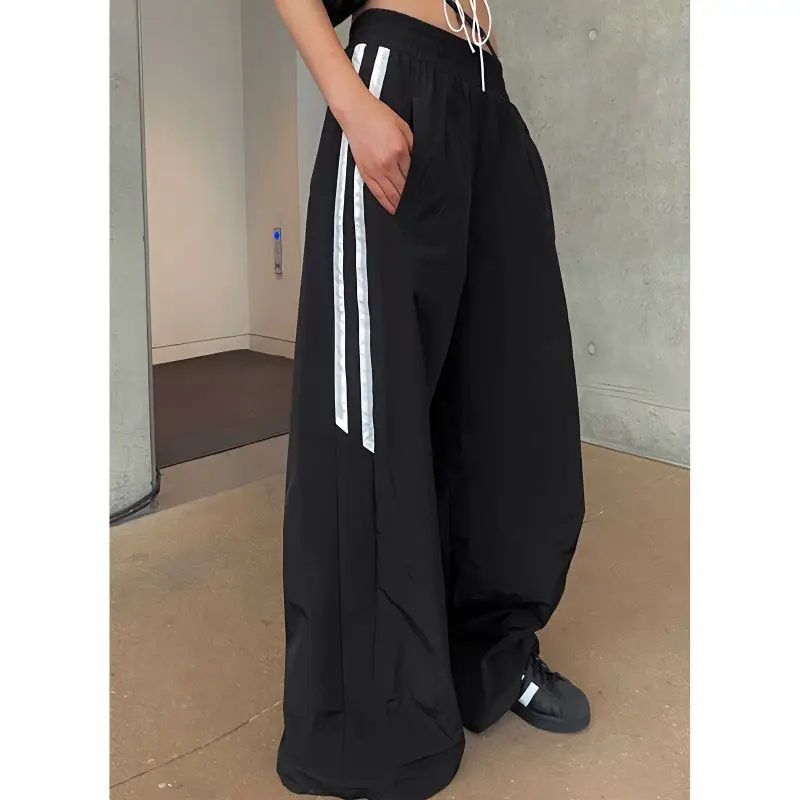 

Women's Elastic Waist Loose Black Casual Pants Summer New Unisex Style Chic Fashion Female Straight Leg Sports Trousers 4XL
