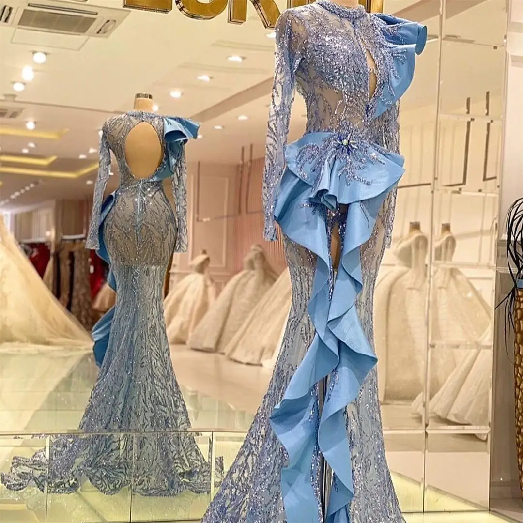 

Arabia Sparkle Mermaid Evening Dresses Luxurious Sequin Prom Gowns See Thru Beading Hollow Out Second Reception Dress