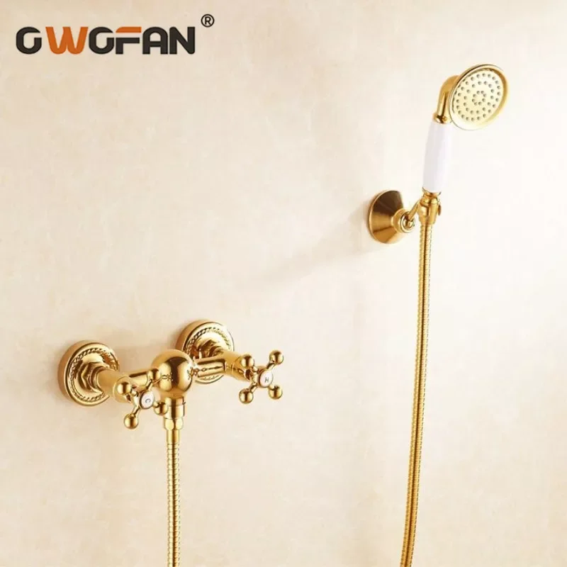 

1 Set Bathroom Rainfall Shower Faucet Set Classic Golden Dual Handle Mixer Tap Wall Mounted Bath Shower Sets HJ-6758K