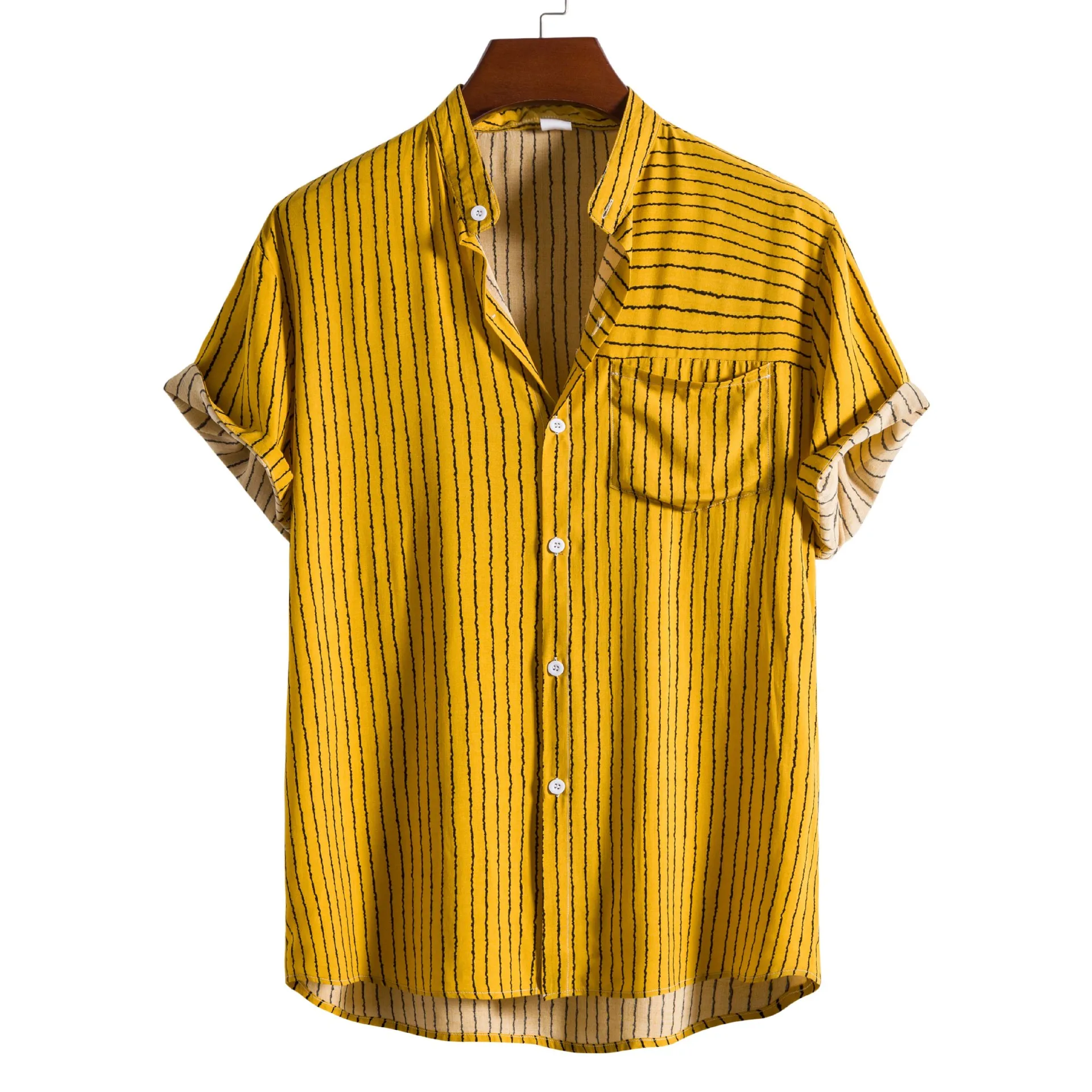 

Mens Yellow Stripe Hawaiian Shirt 2022 Brand Short Sleeve Beach Aloha Shirts Men Casual Button Down Tropical Shirt Male Camisas