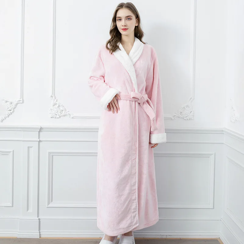 Autumn Winter Long Couple's Dressing Gown Warm Flannel Bath Belt Robes Night Sleepwear Women Men Kimono Turn Down Collar