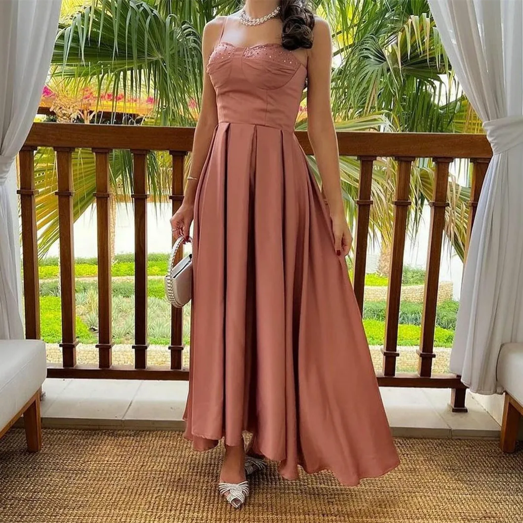 

Женское атласное вечернее платье, элегантное розовое плиссированное платье с карманами, а-силуэт, на молнии сзади, с бусинами, для выпускног...