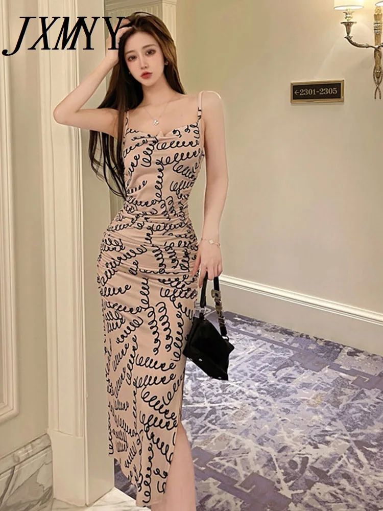 

JXMYY 2022 Summer Fashion New Ladies Wave Print Waist Pleated Long Slit Slim Suspender High Waist Long Skirt Dress Women's