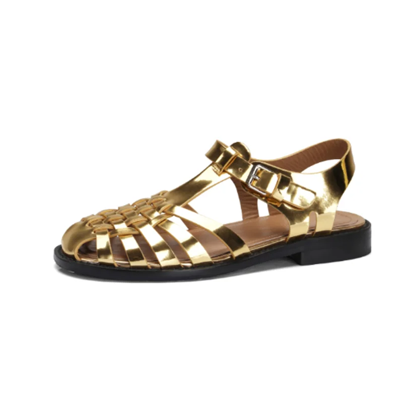 Vintage Fashion Temperament Gold Woven Hollow Roman Sandals For Women Summer Korean Casual Beach Shoes Female Flats
