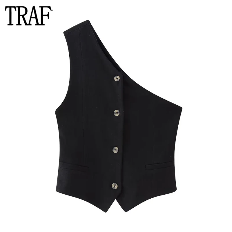 

TRAF Asymmetric Waistcoat Women Black Sleeveless Vest Woman 2023 Autumn Cropped Jackets for Women Off Shoulder Women's Vests