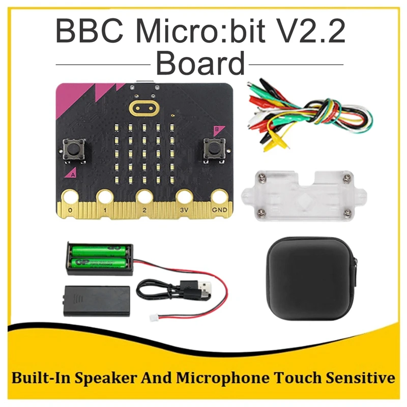 

BBC Micro:Bit V2.2 стартовый комплект, встроенный микрофон, сенсорная программируемая макетная плата + батарейный блок + USB-кабель