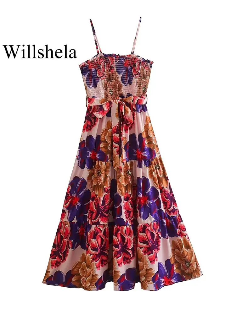 

Willshela женское модное платье миди с поясом, с принтом, с эластичной резинкой на талии, винтажное платье на тонких бретелях с квадратным воротн...