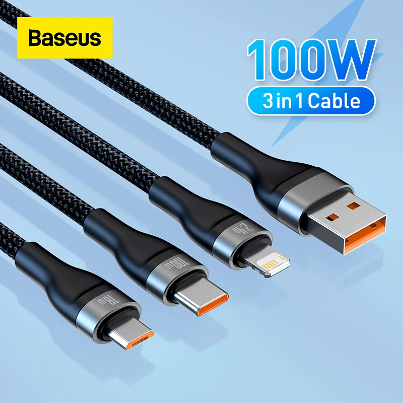 

USB-кабель Baseus 3 в 1, 100 Вт, для быстрой зарядки и передачи данных