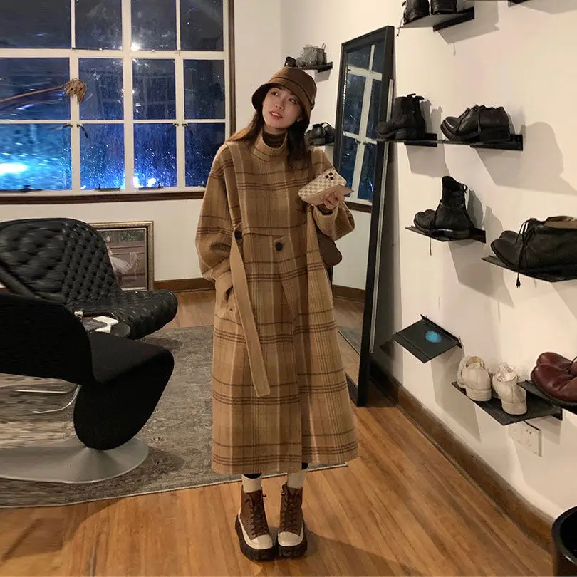 

M GIRLS Plaid Woolen Coat Women's Mid-length Autumn and Winter New Loose Thickening Retro Long Trench Single Breasted Overcoat