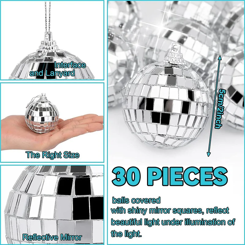 

30 PCS Disco Mirror Balls 2 Inches Reflective Mirror Ball Hanging Ball for Christmas Tree Party Home Decorations