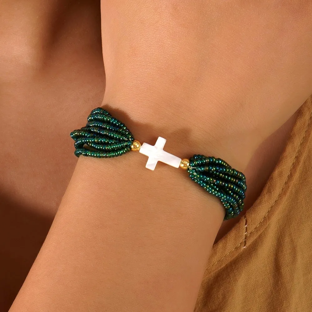 Бохо рисовые бусины позолоченные ракушки крест кулон браслет унисекс ручная