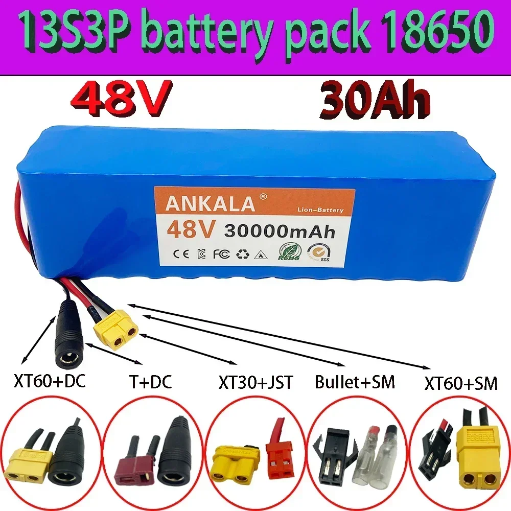 

New 48V Battery 13s3p 30000mAh Battery Pack 1000W High Power Battery Ebike Electric Bicycle with Xt60 Plug + Charger