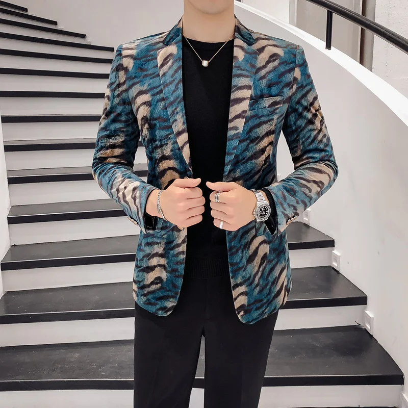 Rsfocus Velvet Blazer Men 2023 Slim Fit Mens Leopard Print Blazer Classic Green Casual Suit Jacket Man Party Prom Wear XZ180