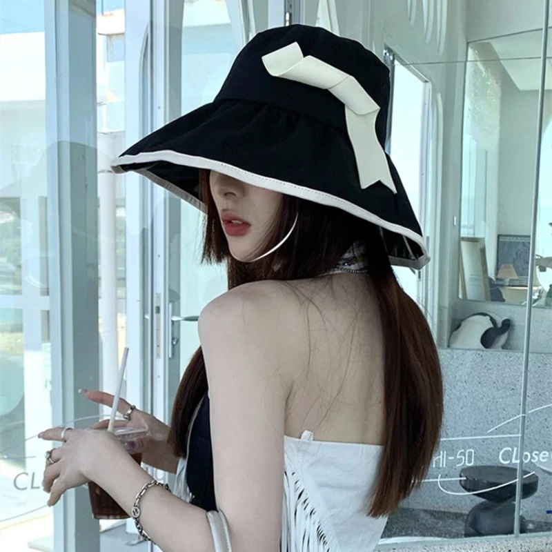 

New Summer Breathable Big Brim Solid Color Fashion Bucket Hats Women Outdoor Travel Adjustable Sun Fisherman Hat Zomer Cap