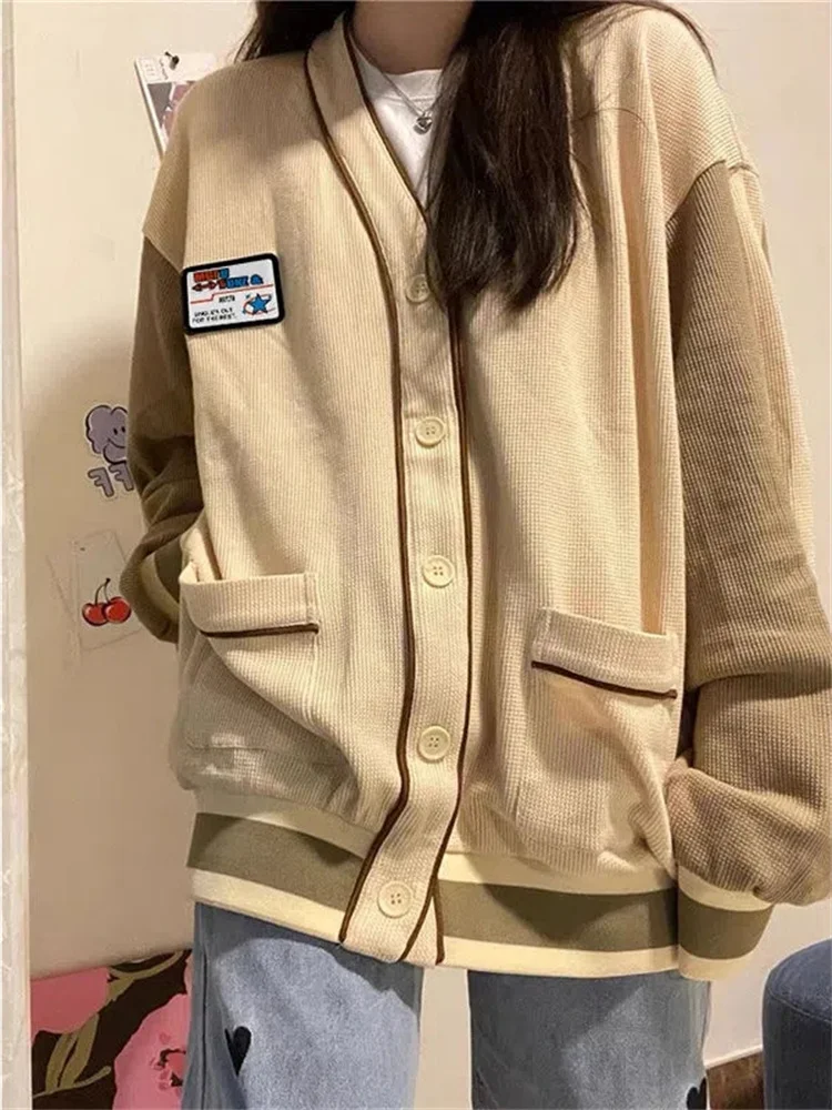 

QWEEK 90s Vintage Varsity Jacket Women Korean Fashion Retro Patchwork Outerwear Oversized V Neck Kpop Chic Harajuku Loose Coat