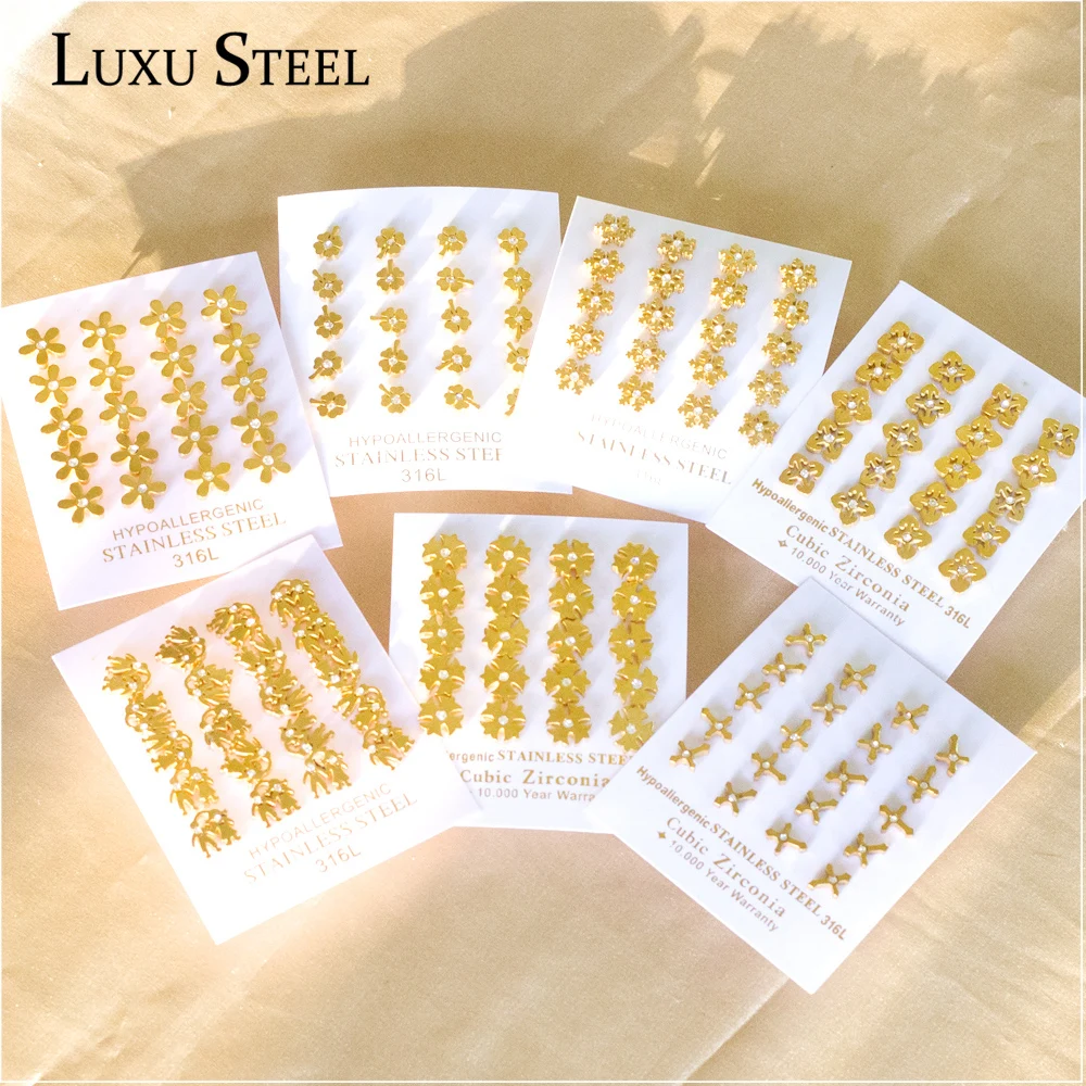 Фото LUXUSTEEL 10 пар изящных фотографий для женщин девушек золотого цвета из нержавеющей стали маленькие блестящие хрустальные цветы сердце пирсинг... №2