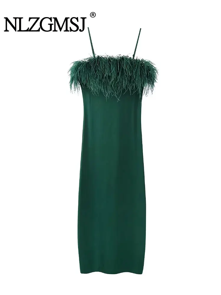 

Nlzgmsj TRAF 2023 Off Shoulder Feather Long Sexy Slit Satin Dress Floor Length Green Color Evening Party Midi Celebrity Dress