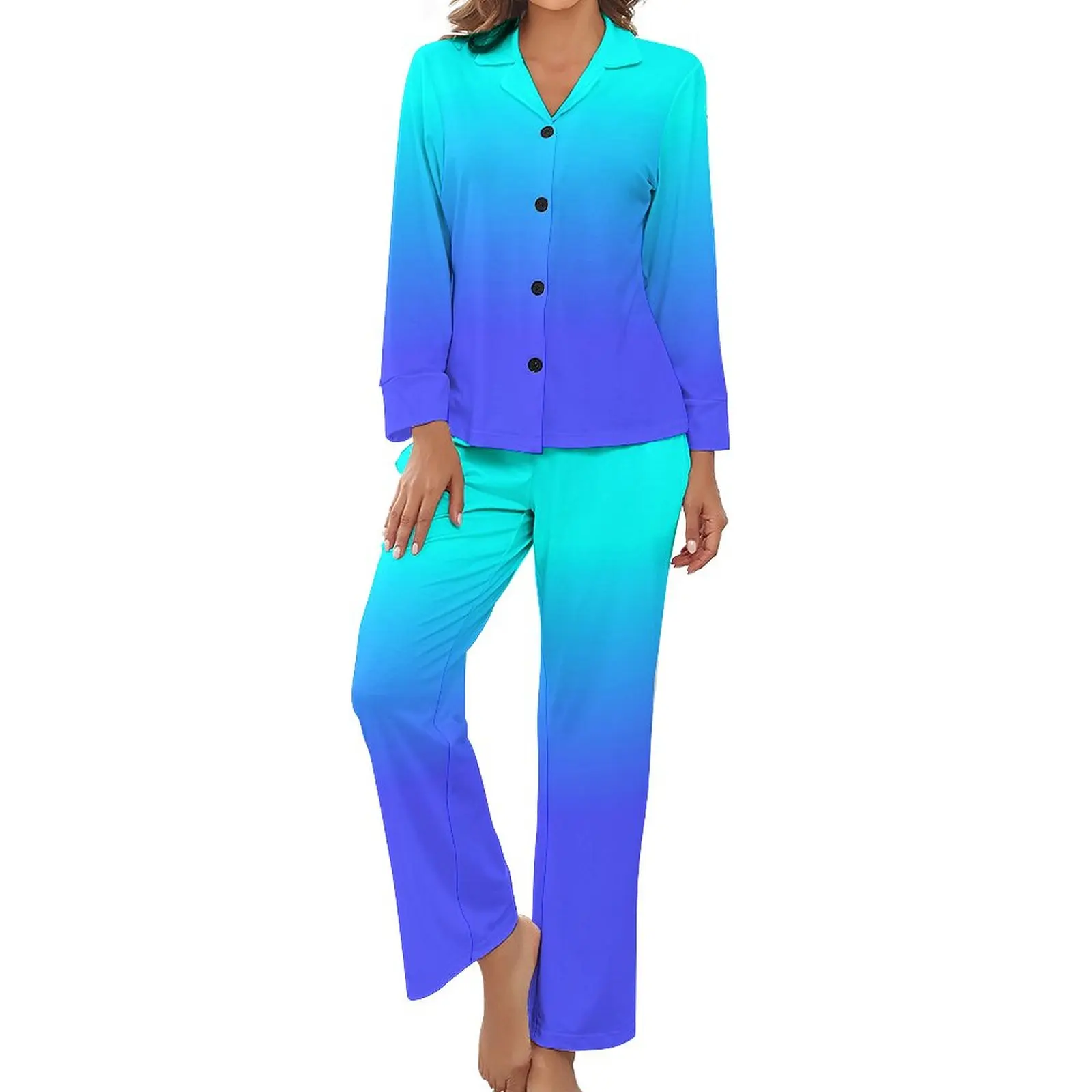 

Ombre Print Pajamas Long Sleeve Neon Blue 2 Pieces Bedroom Pajama Sets Daily Lady V Neck Cute Sleepwear