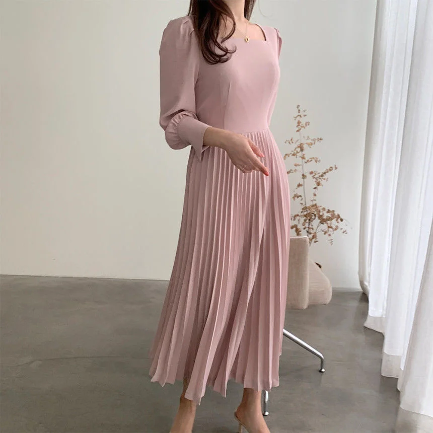 

Solid Square Neck Pleated Long Dress Khaki Pink Spring Long Sleeve Elegant Women Long Dress