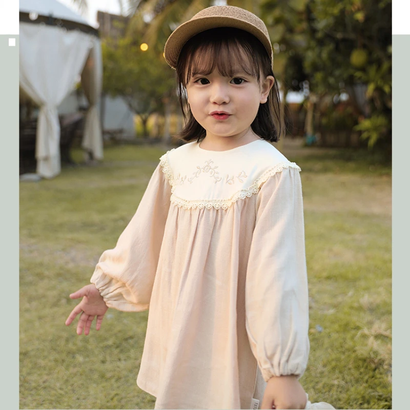 

New Spring Autumn Toddlers Kids Princess Dresses Lace Retro Embroidery Floral Puff Sleeve Baby Girls Loose Dress Children Skirt