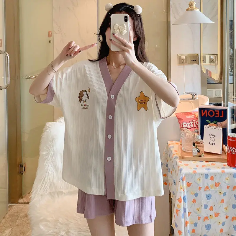 Women's Pajamas Summer Suit Cotton Short Sleeved Sleepwear Cute Cool Cardigan Pyjamas Plus Size 2 Piece Set Nightwear Homewear