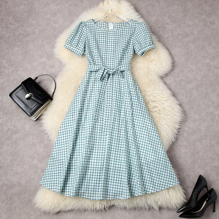 

Женская одежда в европейском и американском стиле, весна 2022, новое модное платье в клетку с круглым вырезом и короткими рукавами на шнуровке