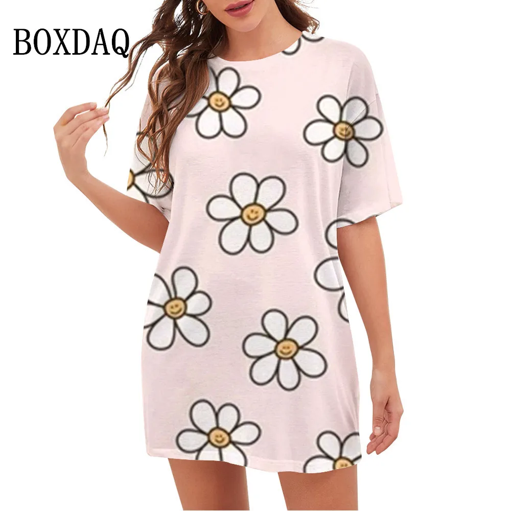 

2023 Women Dress Retro Smiley Daisy Pattern 3D Printed Dress O-Neck Short Sleeve Female Casual Oversized Dress Fashion Clothing
