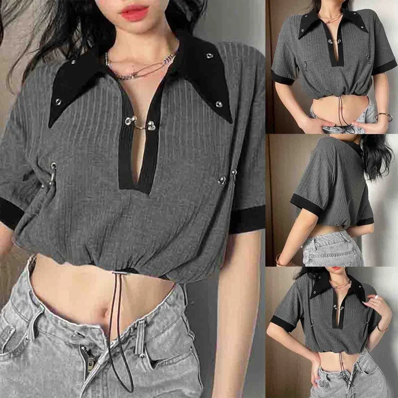 

Harajuku Casual Short Sleeve Cropped T Shirt Women Patchwork V Neck Summer Fashion T-Shirt Ladies Drawstring Korean