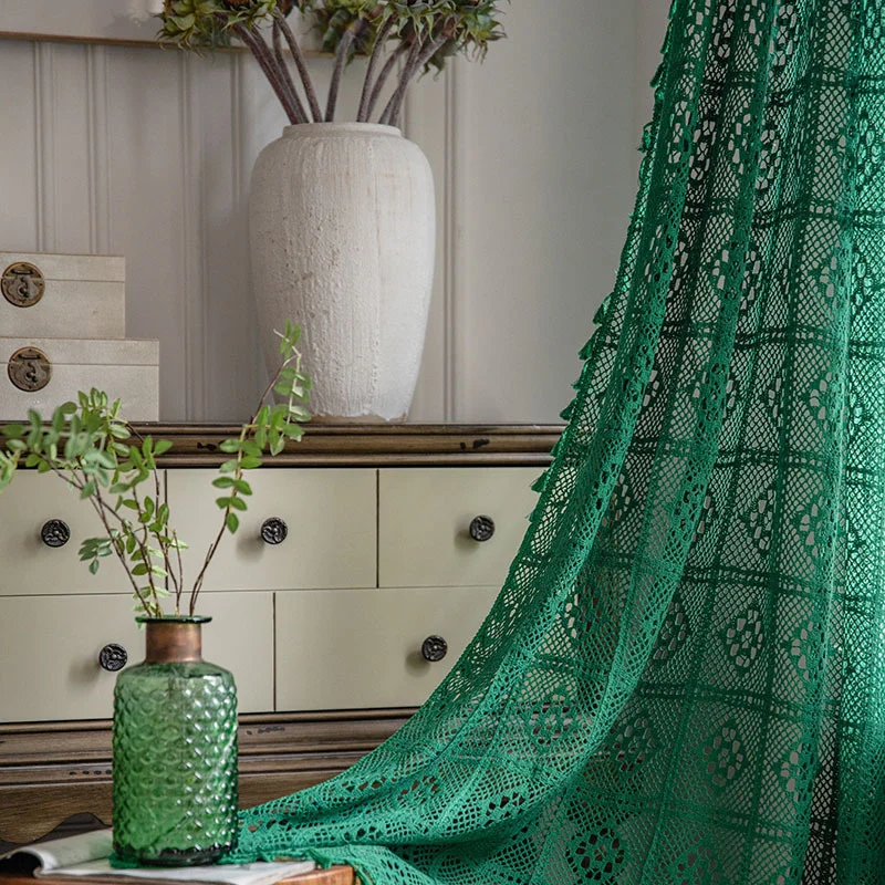 Vintage Green Crochet Hollow Out  Curtain Sunshade  Window Curtainsfor Living Room Bedroom And Kitchen