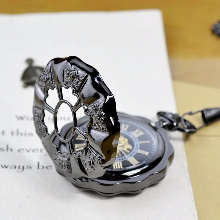 Luxury Mechanical Bronze Gold Pocket Watch for Men Women Flower Skeleton Roman Numeral Dial Fob Chain Vintage Old Pendant Clock