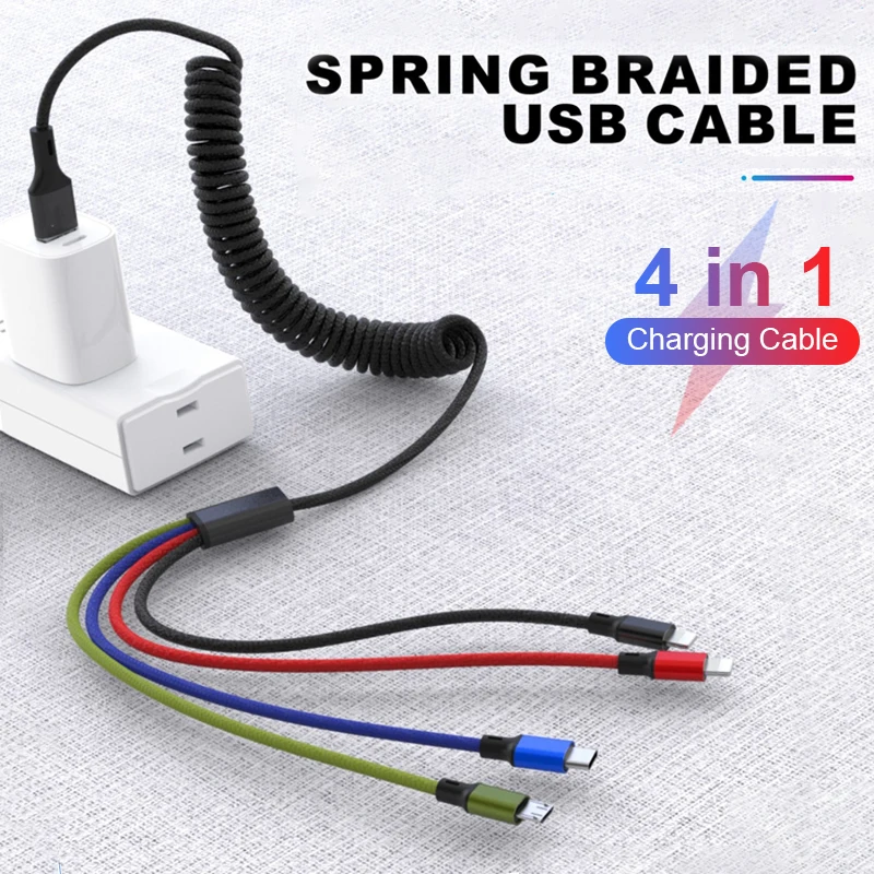 

1.8m 4 In 1 USB Cable Spring Rectractable Micro USB Type C Cable for Xiaomi Samsung Huawei Phone Charging Wire Cord