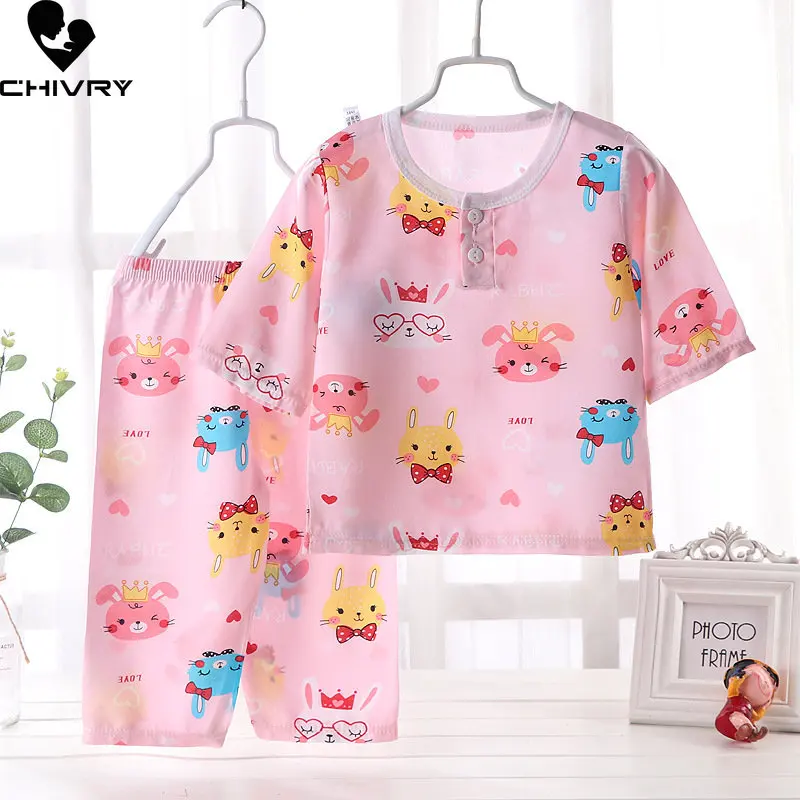 

Kids Boys Girls Pajamas New 2023 Summer Thin Cute Cartoon Three-quarter Sleeve O-Neck Tops with Pants Baby Sleeping Clothes Sets