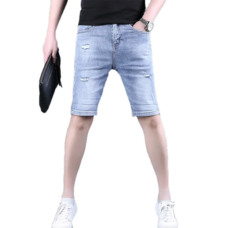 Summer Blue Shorts Ripped Jeans Men Streetwear Casual Regular Straight Denim Shorts